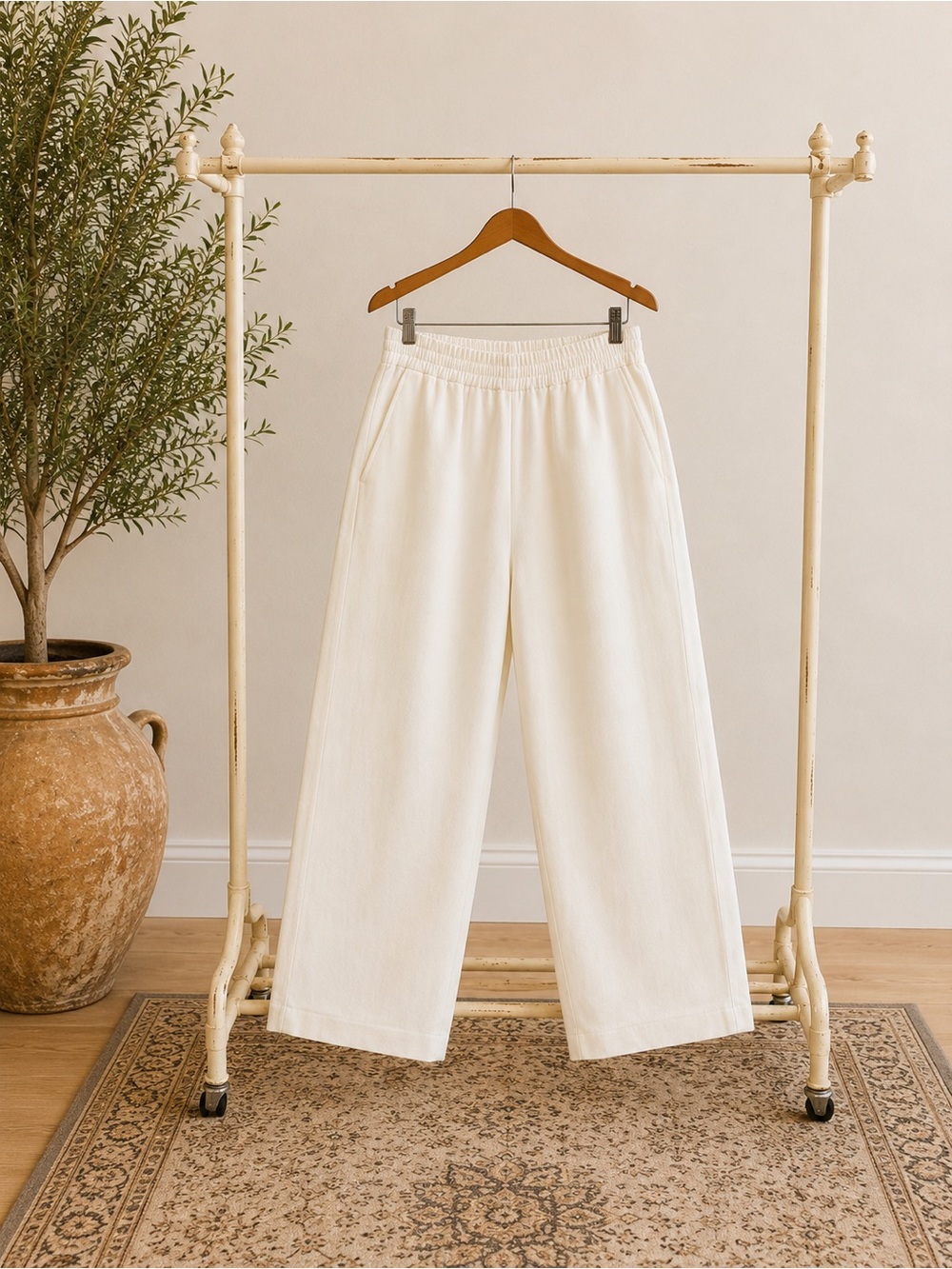 Women's White Wide-Leg Elastic Waist Pants